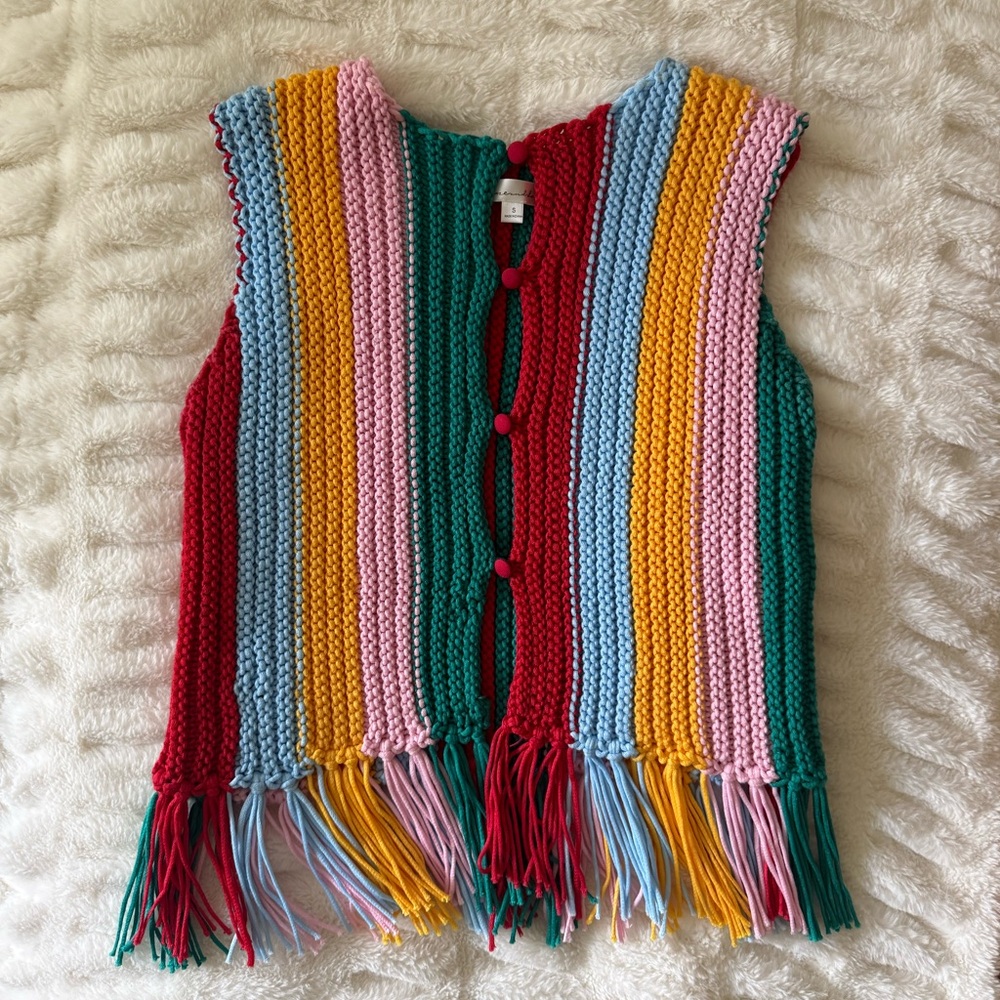Colorful Striped Knit Vest with Fringe
